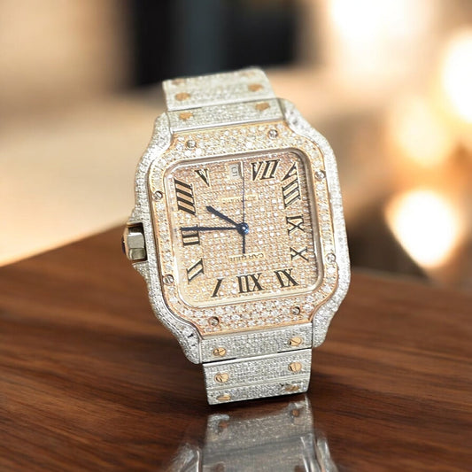 Cartier Santos Men's 40mm S.Steel Watch Roman Iced Out 12ct Diamonds (pre-owned)