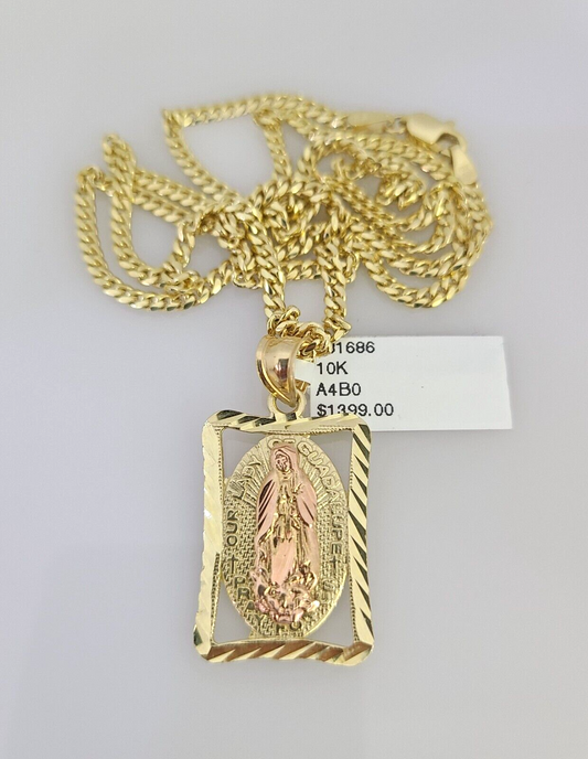 10K Solid Gold Miami Cuban Chain SET Virgin Mary Pendant Charm 18"-26" 2.5mm