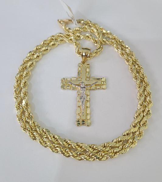 Real 10k Rope Chain Jesus Cross Charm Necklace Pendant Set 4mm 18"-28" Gold