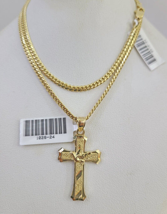 10K Solid Gold Miami Cuban Chain 2.5mm Jesus Cross Charm SET 18"-24" Pendant