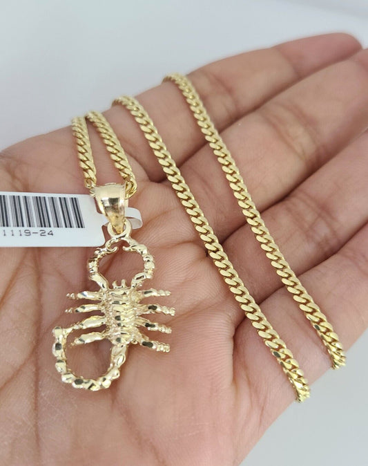 10K Solid Gold Miami Cuban Chain 2.5mm Scorpion Charm SET 18"-24" Pendant