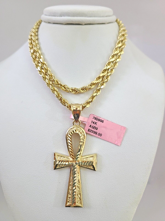 Real 14k Solid Rope Chain Ankh Cross Charm Gold Set 4mm 18"-30" Necklace Pendant