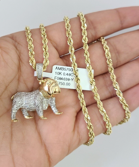 10k Solid Rope Chain Bull Dog Pendant Diamond Necklace 20"-28" Gold Set 3mm