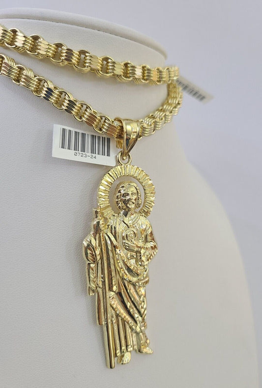 10k Gold Byzantine Necklace San Judas Charm 20-30 inches 6mm SET Chain Pendant