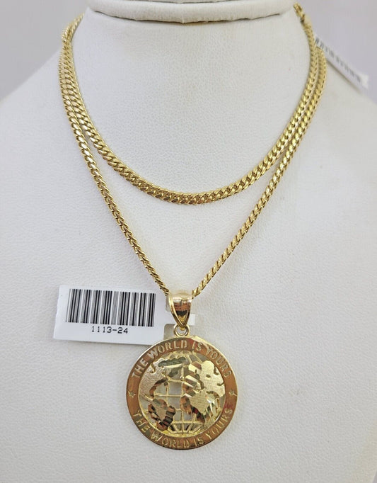 10K Solid Gold Chain Miami Cuban World is Yours Pendant 2.5mm SET 18"-24"