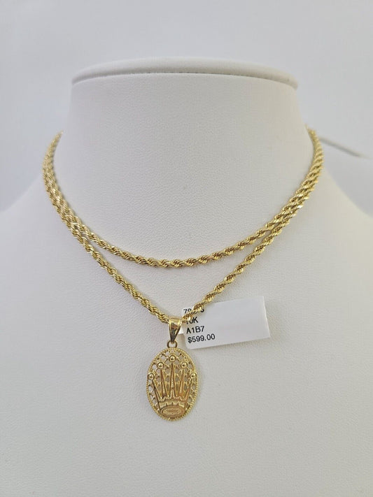 10k 2.5mm Rope Chain Crown Pendant 18"-30" Yellow Gold Set Charm Necklace