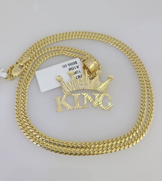 10K Solid Gold Miami Cuban Chain 2.5mm King Crown Charm SET 18"-24" Pendant