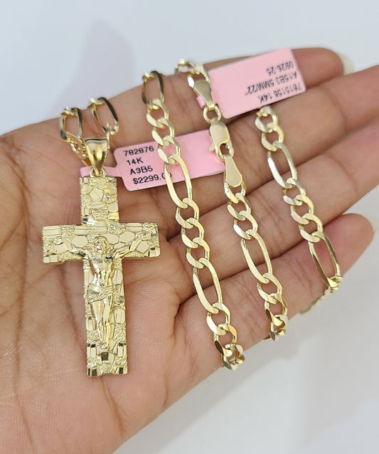 14k Solid Figaro Chain Nugget Jesus Cross Pendant Gold 4mm 18"-28" SET Necklace