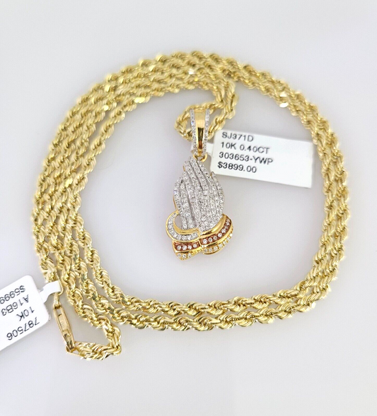 10k Solid Rope Chain Praying Hands Pendant Diamond Necklace 20"-28" Gold Set 3mm