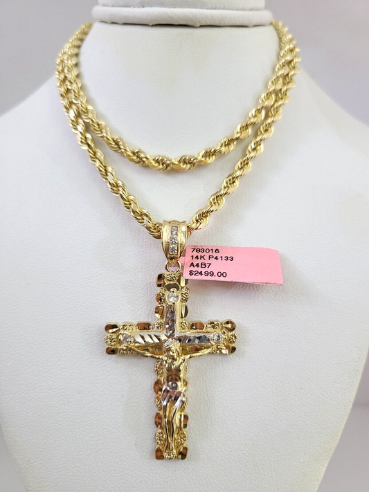 Real 14k Solid Rope Chain Nugget Cross Charm Gold Set 4mm 18"-30" Necklace