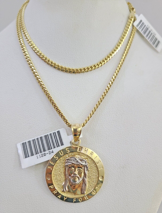 10K Solid Gold Miami Cuban Chain 2.5mm Jesus Christ Charm SET 18"-24" Pendant