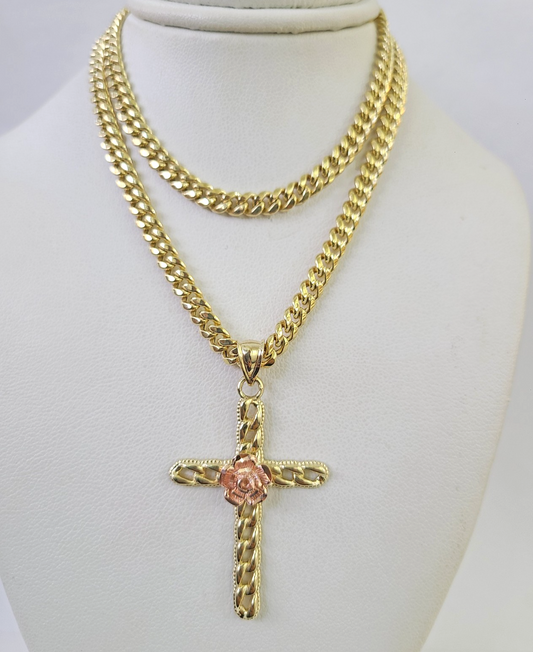10k Jesus Cross Charm Miami Cuban Chain Pendant Set 5mm 18"28" Necklace Gold