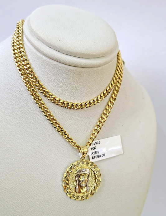 10k Gold Chain Miami Cuban Jesus Head Charm Pendant Set 4mm 18"-28" Necklace