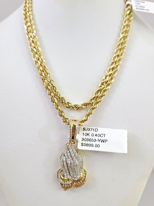 10k Solid Rope Chain Praying Hands Pendant Diamond Necklace 20"-28" Gold Set 3mm