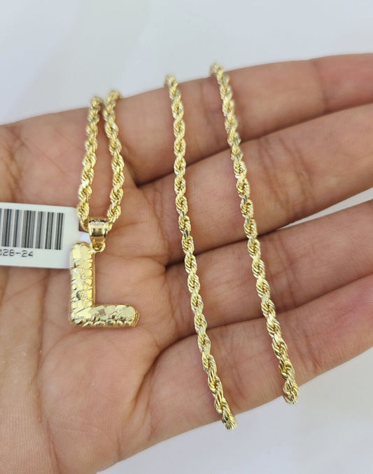 10k Gold Initial L Charm Rope Chain 16"-26" 2.5mm SET Necklace Alphabet Pendant