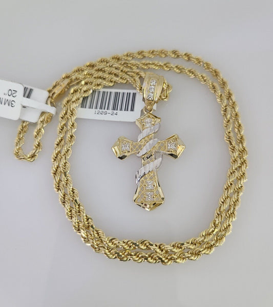 10k Solid Rope Chain Spiral Cross Pendant 18"-28" Gold Set Charm Necklace 3mm