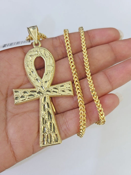10K Franco Chain Ankh Cross Pendant Charm Necklace 20"-26" 3mm Gold