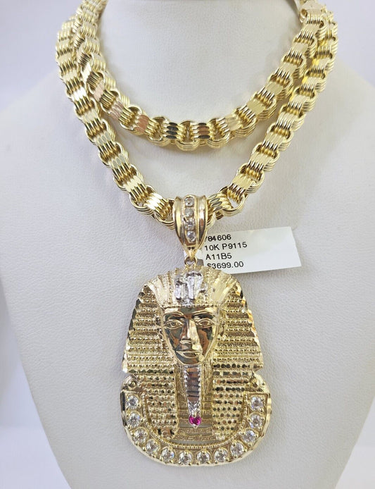 10k Gold Byzantine Necklace Pharaoh Charm 20-30 inch 6mm SET Chain Pendant