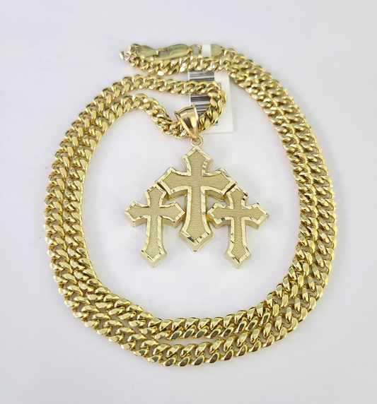 10k Triple Cross Charm Miami Cuban Chain Pendant Set 5mm 18"28" Necklace Gold