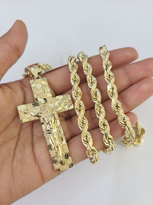 Real 10k Gold Rope Chain Nugget Cross Charm Set 7mm 20"-28" Inch Necklace, Men's