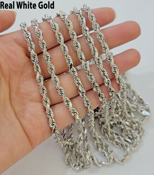 10k White Gold Rope Chain Necklace 20- 24 Inch 4mm Men Women Real Gold Diamond Cut