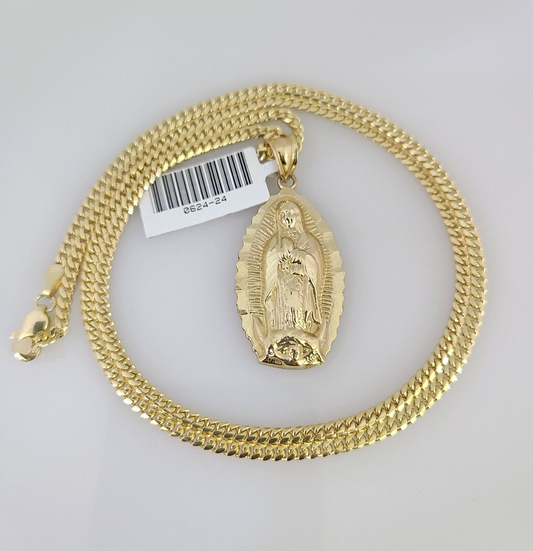 10K Solid Gold Miami Cuban Chain SET Virgin Mary Pendant Charm 18"-26" 2.5mm