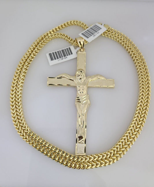 10K Franco Chain Necklace Jesus Cross Pendant Charm 20"-28" 4mm Yellow Gold SET