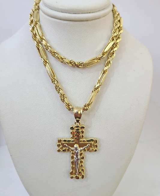 10k Milano Rope Chain Jesus Cross Charm Necklace SET 5mm 18"-28" Pendant