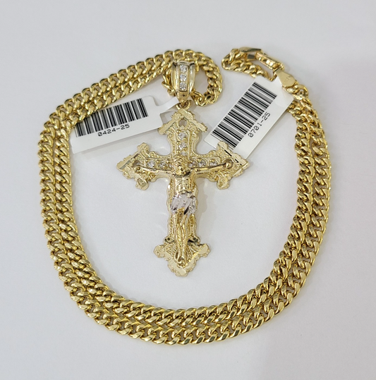 10k Gold Chain Miami Cuban Jesus Cross Charm Pendant Set 4mm 18"-28" Necklace