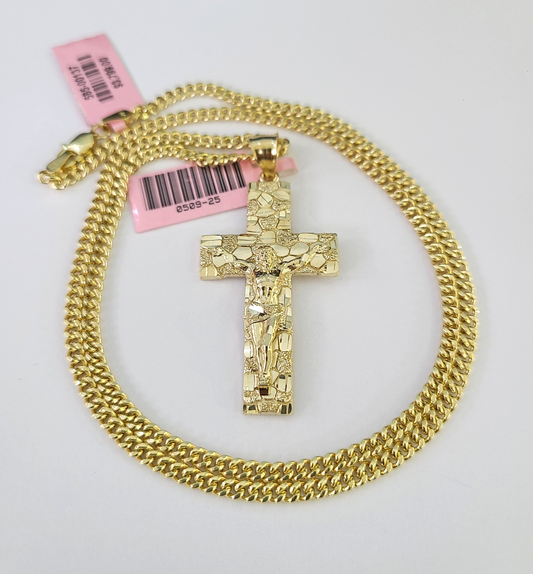 14k Miami Cuban Chain Nugget Cross Charm Pendant 3mm 18"24" inch SET Necklace