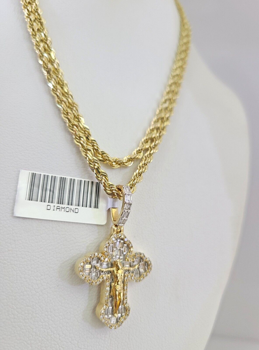 10k Solid Rope Chain Jesus Cross Pendant Diamond Necklace 20"-28" Gold Set 3mm