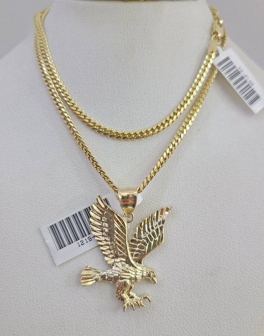 10K Solid Gold Miami Cuban Chain 2.5mm Flying Eagle Charm SET 18"-24" Pendant