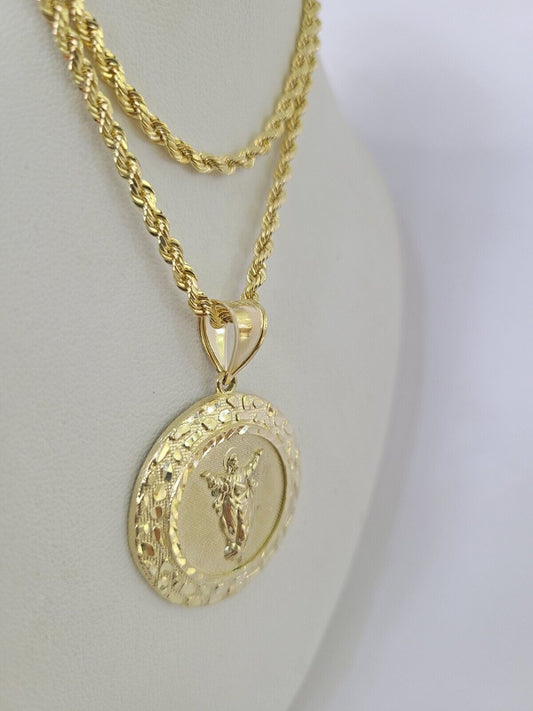 10k 3mm Rope Chain Nugget Medallion Guadalupe Pendant 18"-30" Set Charm Necklace