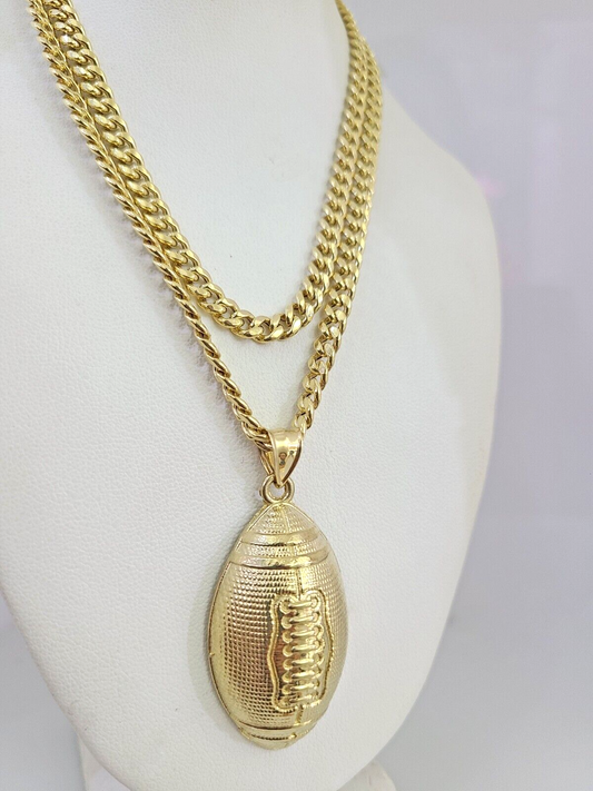 10k Foot Ball Charm Miami Cuban Chain Pendant Set 5mm Necklace Yellow Gold