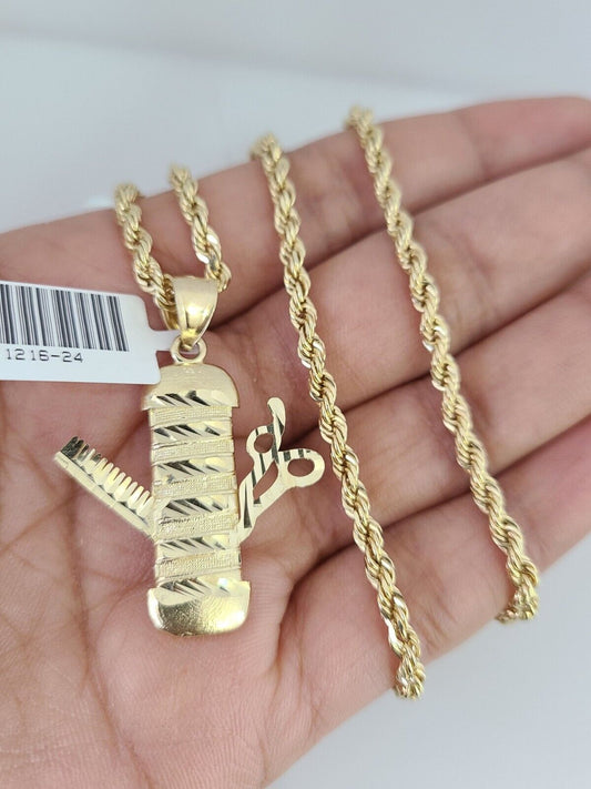 10k Solid Rope Chain Barber Scissors Pendant 18"-28" Gold Set Charm Necklace 3mm