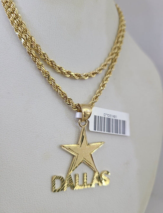 10k Solid Rope Chain Star Dallas Pendant 18"-28" Gold Set Charm Necklace 3mm