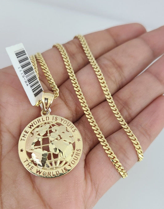 10K Solid Gold Chain Miami Cuban World is Yours Pendant 2.5mm SET 18"-24"