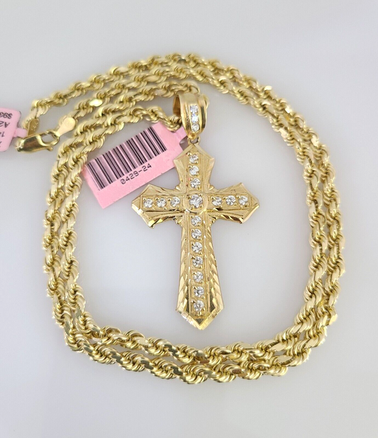 Real 14k Solid Rope Chain Jesus Cross Charm Gold Set 4mm 18"-30" Necklace