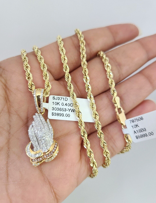 10k Solid Rope Chain Praying Hands Pendant Diamond Necklace 20"-28" Gold Set 3mm