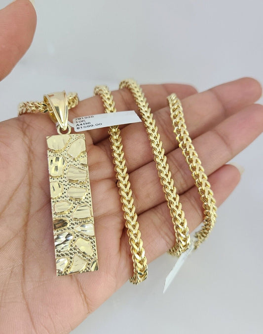 10K Franco Chain Necklace Nugget Pendant Charm 20"-28" 4mm Yellow Gold SET
