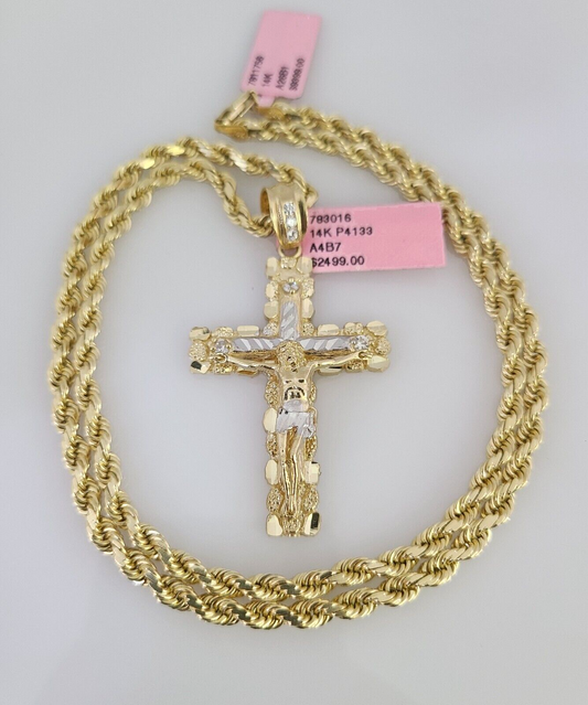 Real 14k Solid Rope Chain Nugget Cross Charm Gold Set 4mm 18"-30" Necklace