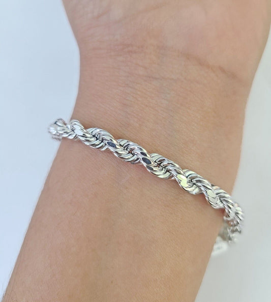 Real 10K Rope Bracelet White Gold 5mm 8Inches Lobster Lock Unisex Genuine