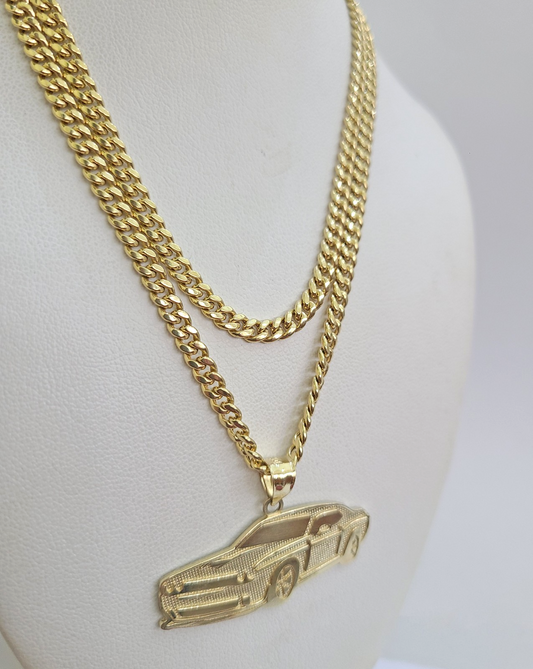 10k Gold Chain Miami Cuban Car Challenger Charm Pendant Set 4mm 18"28" Necklace