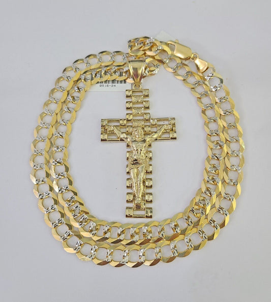 10k Gold Chain Cross Charm Solid Cuban Curb Necklace 9mm 20"-30" Diamond Cut SET