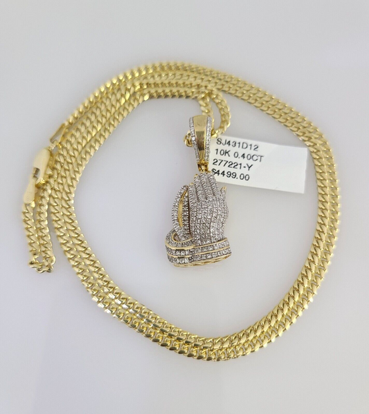 10K Solid Gold Miami Cuban Chain SET Diamond Praying Hands Charm 18"-26" 2.5mm