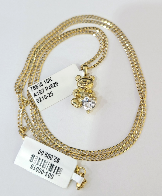 10k Gold Cuban Curb Chain TeddyBear Pendant Two Tone Charm Set 2mm Necklace