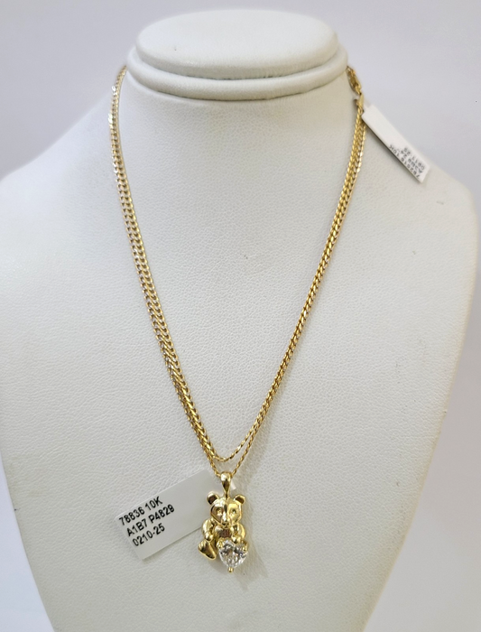 10k Gold Cuban Curb Chain TeddyBear Pendant Two Tone Charm Set 2mm Necklace
