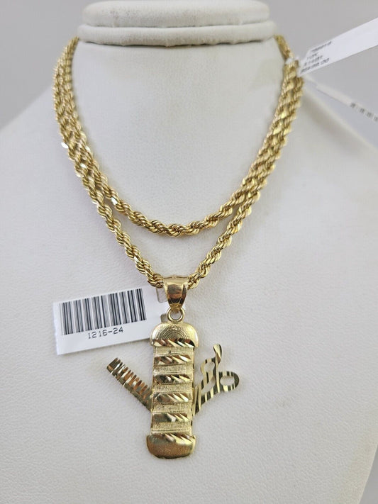 10k Solid Rope Chain Barber Scissors Pendant 18"-28" Gold Set Charm Necklace 3mm
