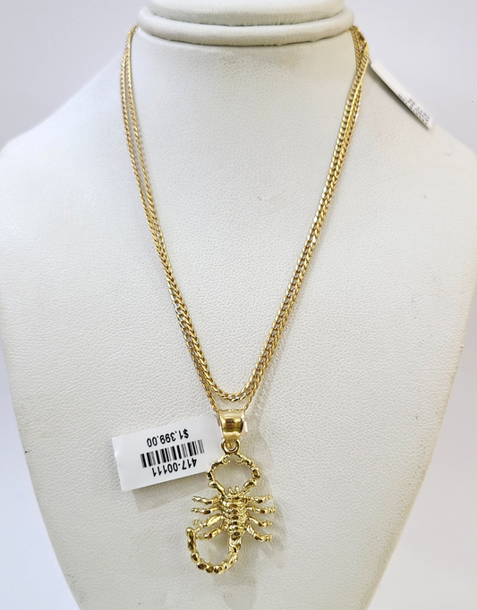 10k Gold Cuban Curb Chain Scorpio Pendant Two Tone Charm Set 2mm Necklace
