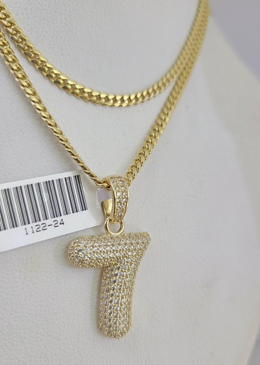 10K Solid Gold Miami Cuban Chain 2.5mm Number 7 Seven Charm SET 18"-24" Pendant